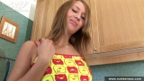 Russian teen blonde fingering shaved pussy in the kitchen