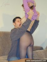 Pantyhose wearing girl fucked on a coach