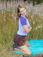Pantyhose teen blonde plays with pantyhose outdoot
