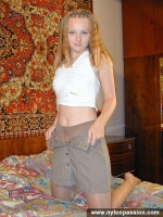 Pantyhose teen blonde shows her nylons without underwear