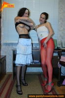 Red and black color pantyhose cunnilingus and lesbian sex