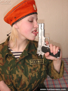 Russian teen in military uniform masturbates with dildo - N