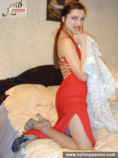 Pantyhose fetish brunette in red dress - N
