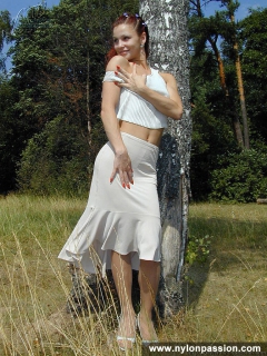 Pantyhose teen girl posing in nylon outdoor - N