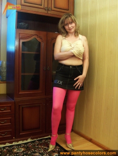 Magenta pantyhose on blonde MILF - N