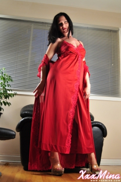 Pretty brunette babe Mina in red dress chair masturbating - N