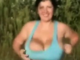 Bouncing And Flashing Big Breasts Outdoors