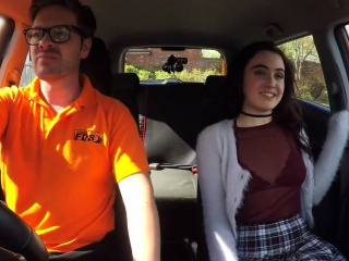 Natural brunette student rides instructor