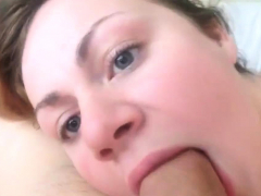 Sexy blue-eyed wife giving blowjob