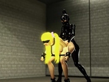 Woman in black latex outfit plays with japanese cuffed girl
