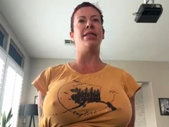 Busty curly brunette with big boobs fucks on couch